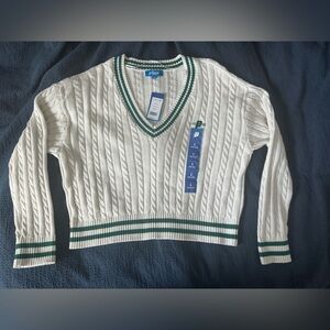 Prince x Target White Cable Knit V-Neck Sweater with Green Trim